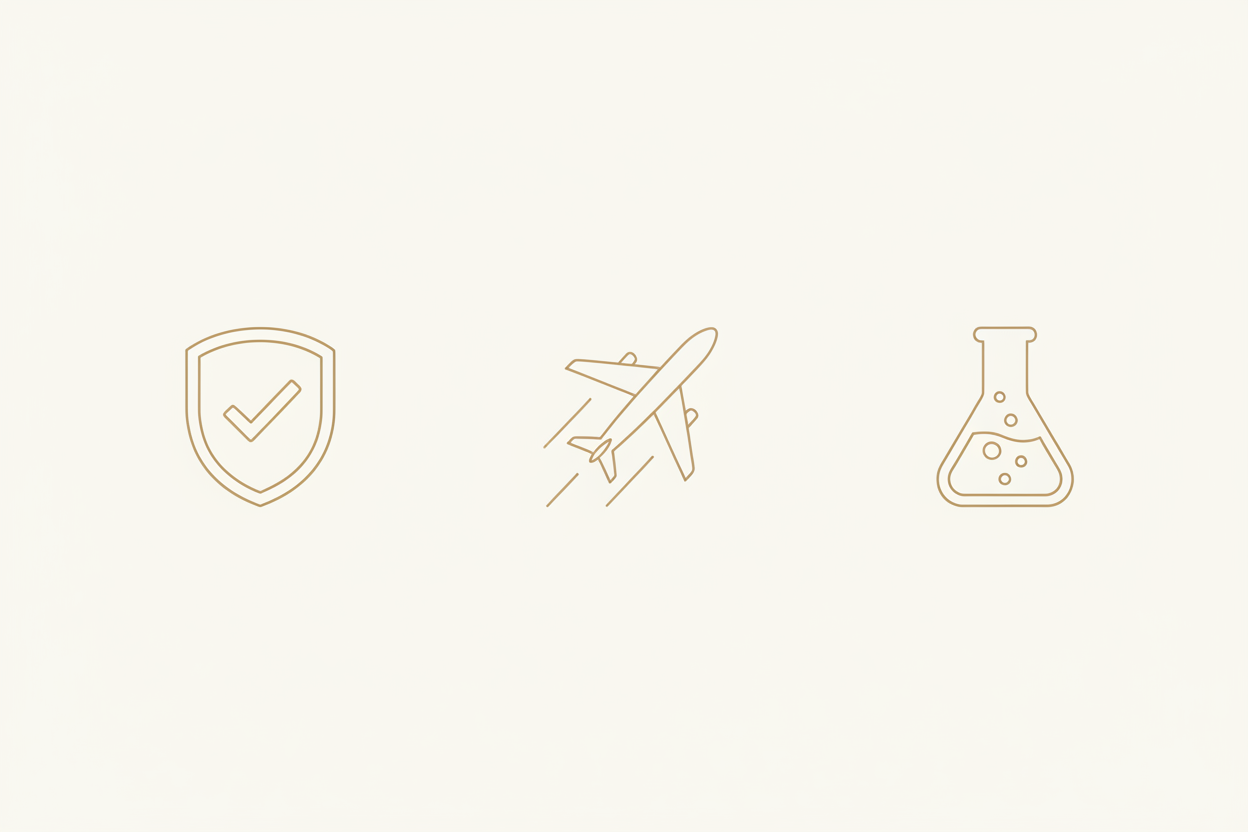 Iconos garantía, avión y matraz estilo Iseora